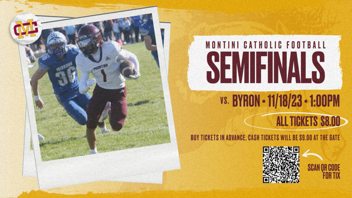 Tickets for Saturday's IHSA Football Semifinal Game vs. Byron are now available on GoFan. Scan the QR code and buy your tickets online in advance to prevent paying more at the gate. Go Broncos! #WeAreMontini