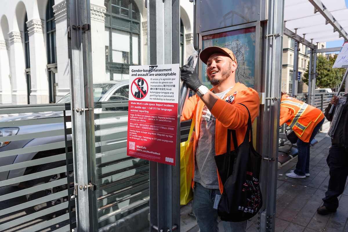 SFMTA_Muni's tweet photo. With large crowds expected in #SanFrancisco this week, we're committed to keeping #MuniSafe.
Please report any incidents on our system as soon as it's safe to do so. Find out more about how we’re keeping your safety as our number one priority at https://t.co/xCSL25hTsI. https://t.co/wz9lxGMGtI