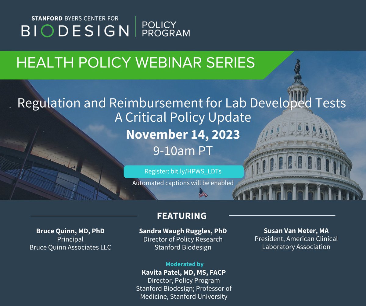 Join @ACLAPresident, @kavitapmd, @brucequinnmd, and @waughruggles and hear how the FDA's proposed rule on lab-developed tests might impact clinicians, patients and innovators. #healthpolicy #healthcareinnovation Register: bit.ly/HPWS_LDTs