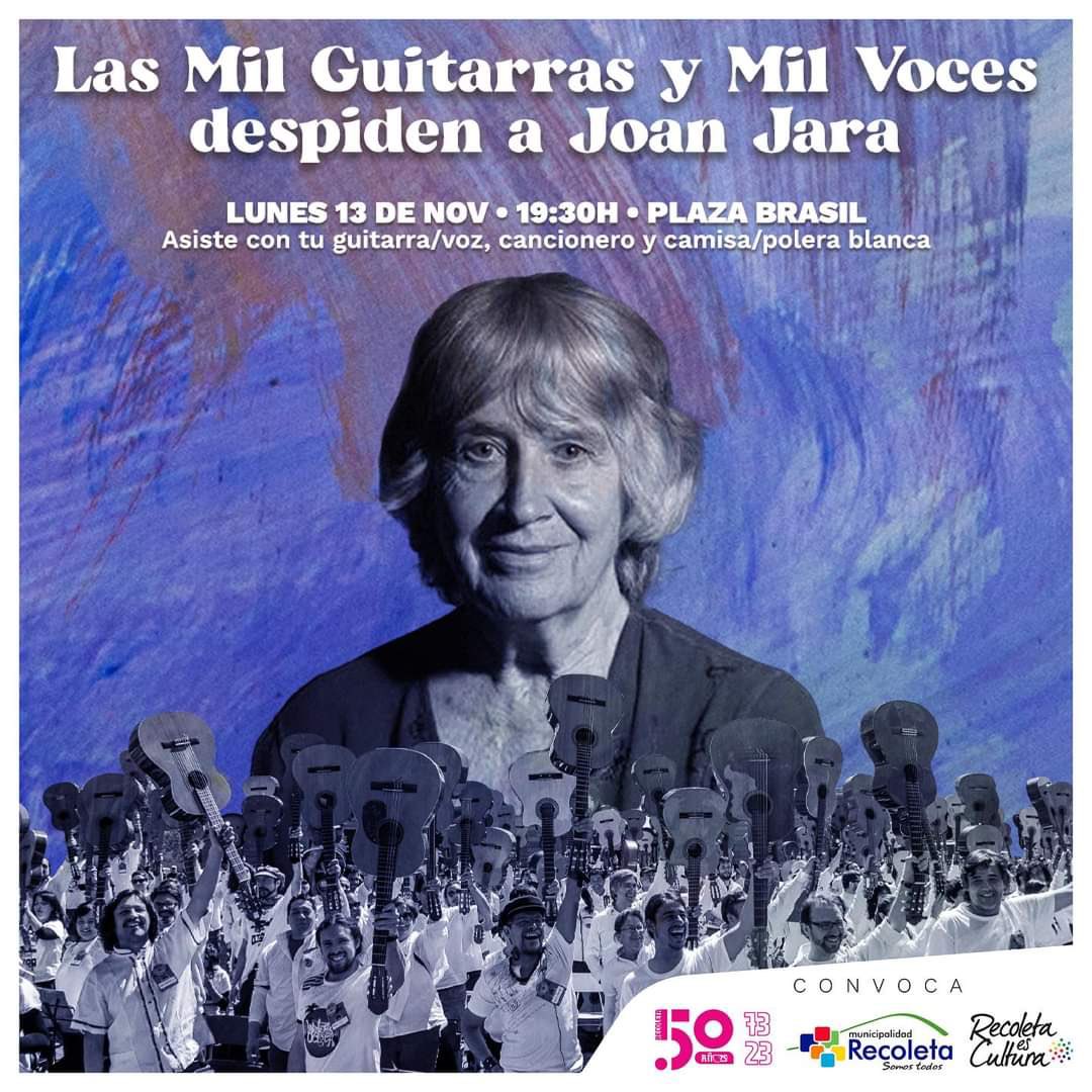 #ULTIMAHORA #Hoy 
Mil guitarras y voces despiden a Joan. 
#QEPD #JoanJara #VictorJara #PlazaBrasil #BarrioBrasil #MemoriaVerdadYJusticia #50AnosDelGolpe #JoanTurner #Joan 
Comparte!!!