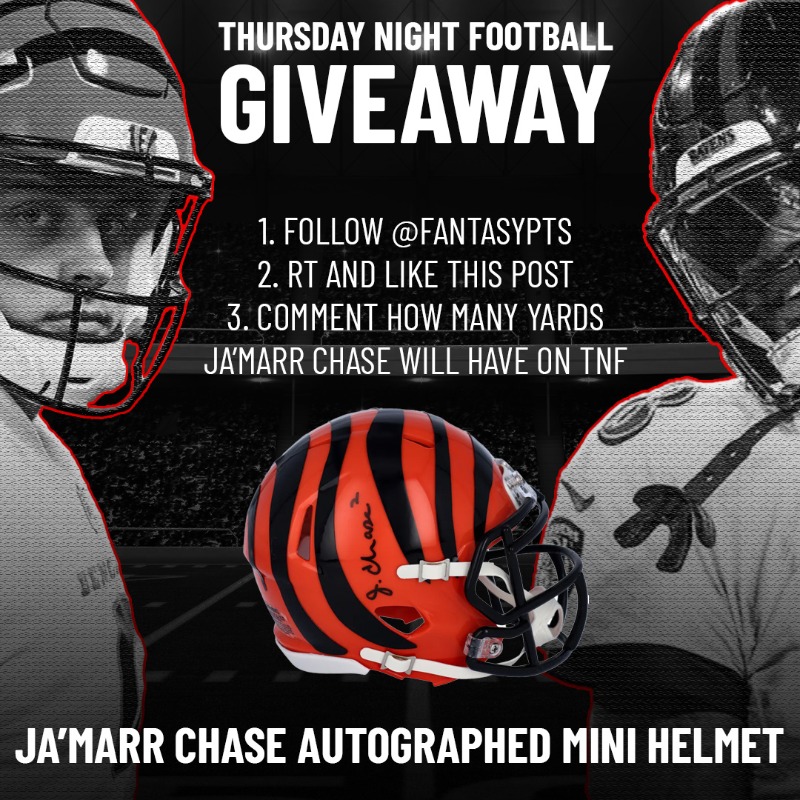 FantasyPts's tweet photo. 🚨 THURSDAY NIGHT GIVEAWAY 🚨

How to enter:

1. Follow @FantasyPts
2. RT and Like this post
3. Comment how many yards Ja'Marr Chase will have on #TNF!

Winner will be announced Friday! https://t.co/rZX5GXdW0i