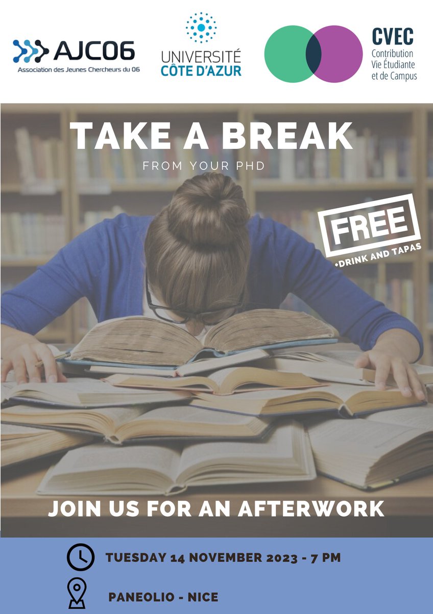 Take a break from your PhD grind! 📚 Join us tomorrow at 7 pm for a chill afterwork at Paneolio Nice!

🥂 Enjoy free drinks, delicious tapas, and great conversations.

RSVP here: forms.gle/odTfNLUYfYo9W4…🌟 

#PhDLife #AfterworkVibes
