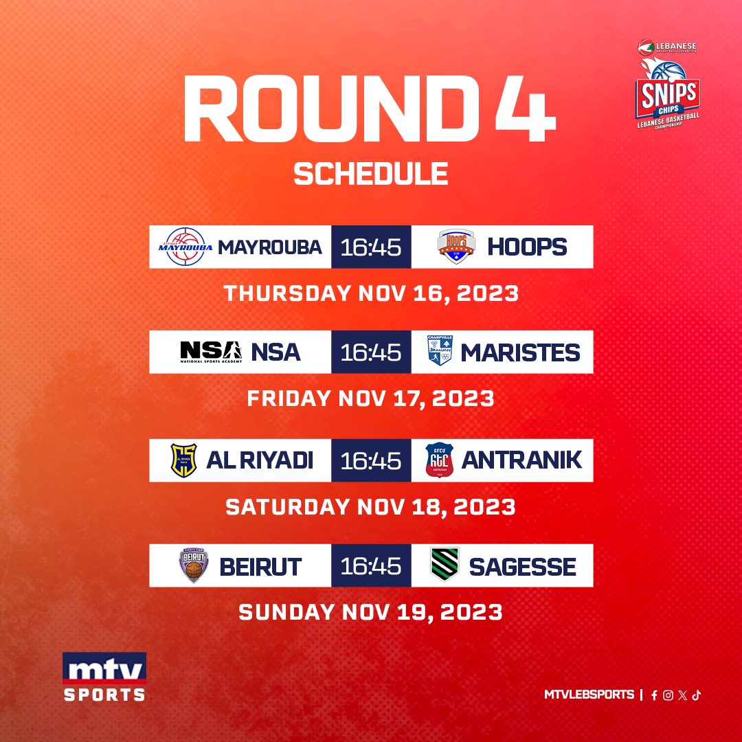 جدول مباريات المرحلة الرابعة من "سنيبس" بطولة لبنان لكرة السلة المنقولة عبر شاشة الـ أم تي في  🗓️🏀
#mtvbasket #mtvsports