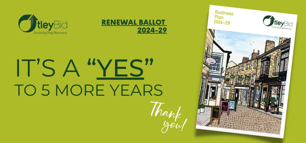 We are delighted to announce that the Renewal Ballot for Otley Business Improvement District (BID) will continue for another 5 years. Read the full 'Declaration of Result' and 'What Happens Next' on our website: otleybid.co.uk/its-a-yes-to-5… #otley #otleyballot