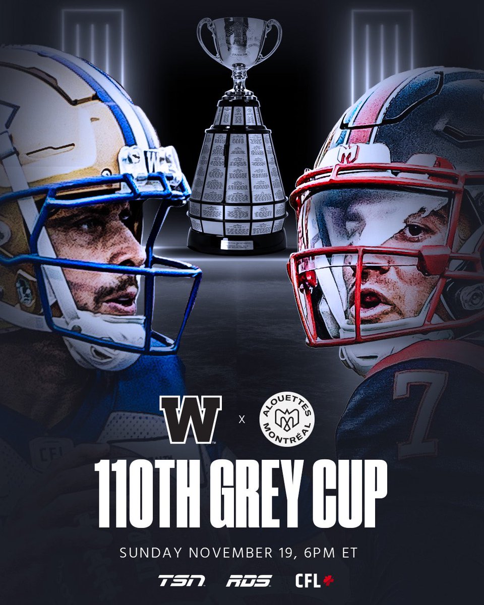 A matchup 110 editions in the making.

THE 110th #GreyCup SUNDAY NOVEMBER 19 6PM ET 

WATCH ON TSN, RDS
📲 Stream on CFL+
