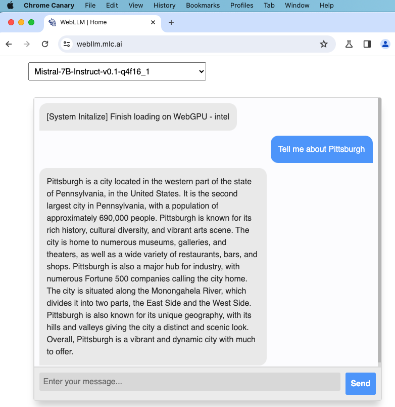 Run <a href="/MistralAI/">Mistral AI</a>'s 7B model on your browser with <a href="/WebGPU/">WebGPU</a> acceleration! Try it out at webllm.mlc.ai

For native LLM deployment, sliding window attention is particularly helpful for enjoying longer context with less memory requirement.