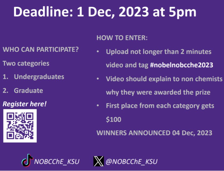 Announcing our Chemistry Nobel Prize TikTok challenge!

Open to all K-State students!

$100 prize for both grad and undergrad category.

Deadline: 5pm December 1st