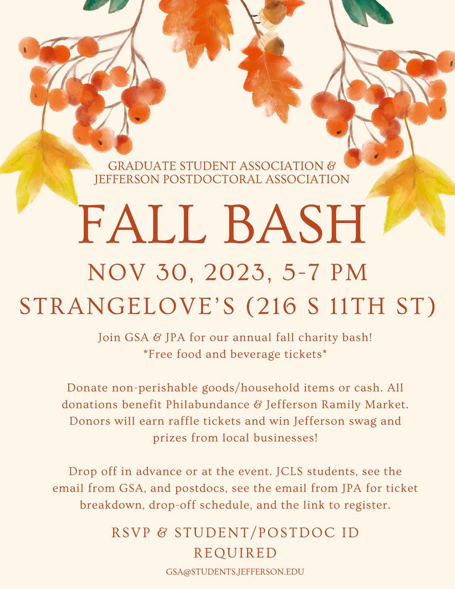 Join GSA &amp; JPA for our annual fall charity bash on Nov. 30 5-7 PM!

All donations benefit Philabundance &amp; Jefferson Ramily Market. Donors will earn raffle tickets and win Jefferson swag and prizes from local businesses!

Drop off in advance or at the event. Link in bio.
