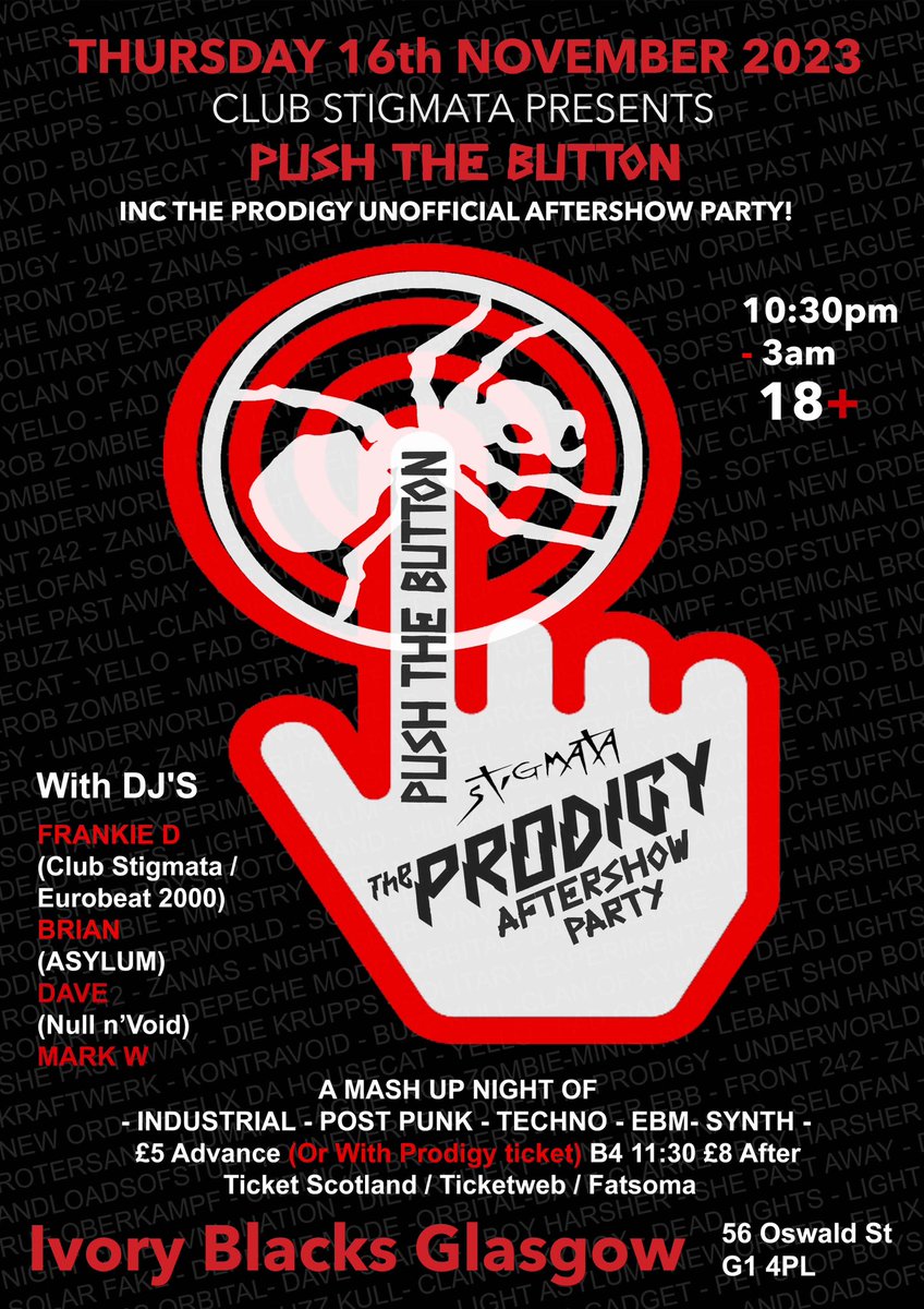 Stigmata prsnt a PRODIGY Aftershow Party a mash up of Industrial Post Punk Techno EBM Synth music fr all Yr Dj’s fr Stigmata Null Void, Asylum £5 Adv or w Prodigy Tkt or B4 11.30 £8 After - U don’t even have to go to The Prodigy if you just want 2 come facebook.com/events/s/push-…