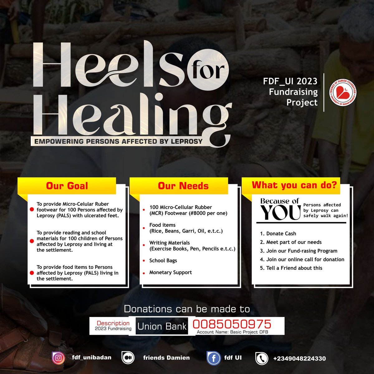 FDF_UI's tweet photo. Be part of Friends of Damien Foundation, UI, in our Heels for Healing Fundraising campaign, empowering individuals affected by leprosy.
@LeprosyReview @Leprosymissint  @NLR_NoLeprosy  @WHO  @WHOAFRO   @WHONigeria  @ZeroLeprosy  @damiaanactie  @action_damien https://t.co/5XJfejfD3i