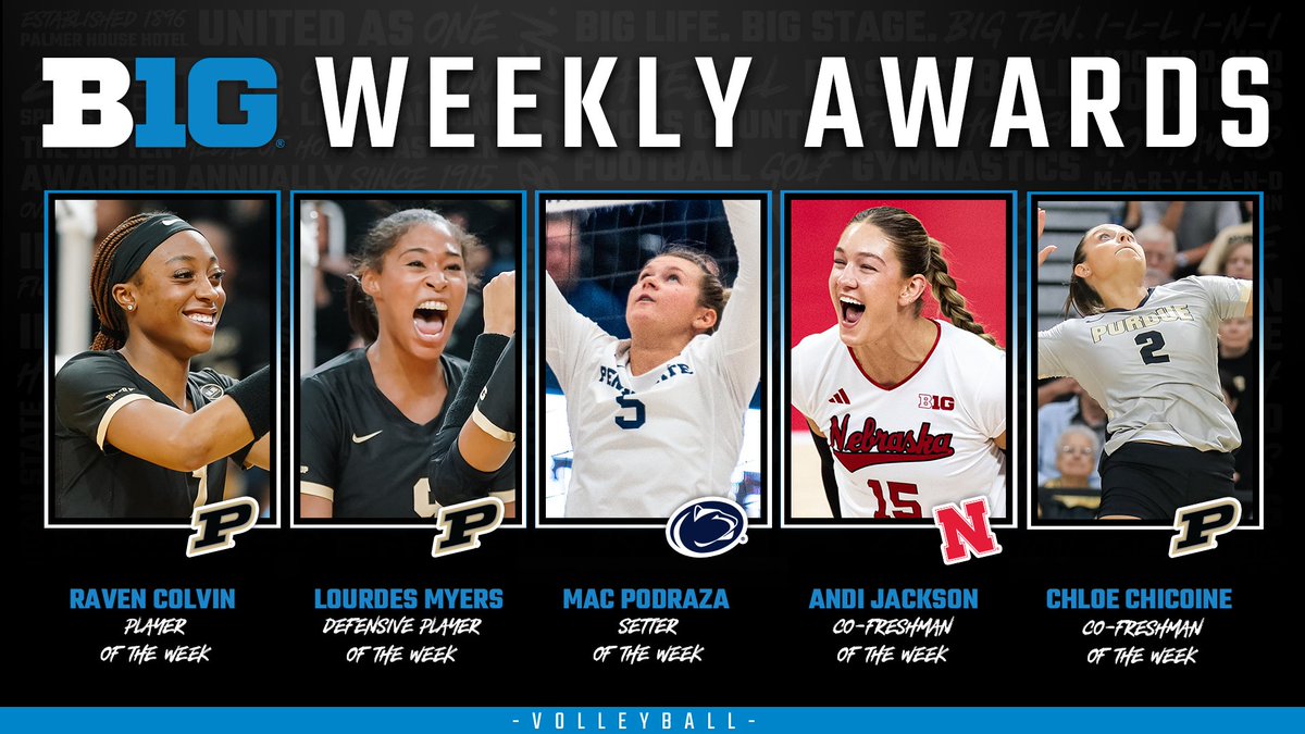Big Ten Volleyball (@b1gvolleyball) on Twitter photo 🏐 #B1GVolleyball WEEKLY AWARDS 🏐
🔵 Player: <a href="/PurdueVB/">Purdue Volleyball</a>'s Raven Colvin
🔵 Defensive: <a href="/PurdueVB/">Purdue Volleyball</a>'s Lourdes Myers
🔵 Setter: <a href="/PennStateVBALL/">Penn State Women’s Volleyball</a>'s Mac Podraza
🔵 Co-Freshman: <a href="/HuskerVB/">Nebraska Volleyball</a>'s Andi Jackson
🔵 Co-Freshman: <a href="/PurdueVB/">Purdue Volleyball</a>'s Chloe Chicoine
➕ shorturl.at/fiEV3 🏐 #B1GVolleyball WEEKLY AWARDS 🏐
🔵 Player: <a href="/PurdueVB/">Purdue Volleyball</a>'s Raven Colvin
🔵 Defensive: <a href="/PurdueVB/">Purdue Volleyball</a>'s Lourdes Myers
🔵 Setter: <a href="/PennStateVBALL/">Penn State Women’s Volleyball</a>'s Mac Podraza
🔵 Co-Freshman: <a href="/HuskerVB/">Nebraska Volleyball</a>'s Andi Jackson
🔵 Co-Freshman: <a href="/PurdueVB/">Purdue Volleyball</a>'s Chloe Chicoine
➕ shorturl.at/fiEV3