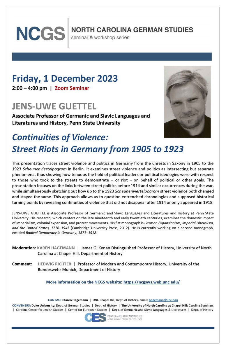 NCGermanStudies's tweet photo. Please join us for our final event of the Fall 2023 semester! Jens-Uwe Guettel will give a talk on "Continuities of Violence: Street Riots in Germany from 1905 to 1923" on December 1 @ 2:00pm EST. Comment by @RichterHedwig.

To register: https://t.co/aZvrL9kHBX https://t.co/eT1jV0AWbL