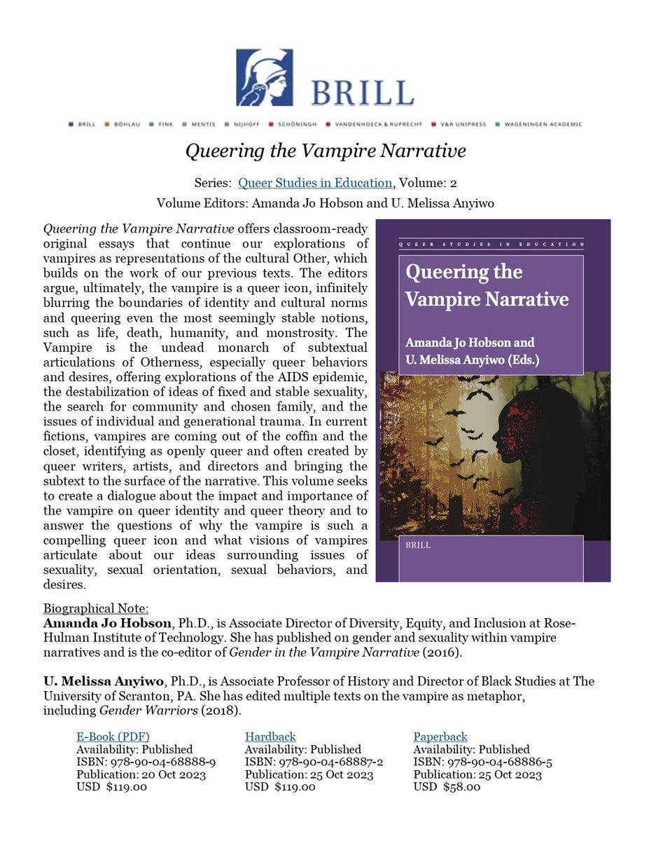 I’m proud of this new collection of excellent scholarship: Queering the Vampire Narrative from @BrillPublishing. Melissa and I had the privilege of working with some really excellent #vampire scholars. Check it out now: brill.com/display/title/…