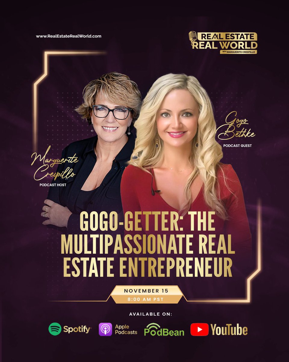 Guess who's gracing the latest episode of #RealEstateRealWorld? None other than #GogoBethke, the Multipassionate Real Estate Entrepreneur! 🎙️

Don't miss this #realestate revelation, and save the date for the #podcast

#Realtor #RealEstateTraining #RealEstateEducation #Marguerite