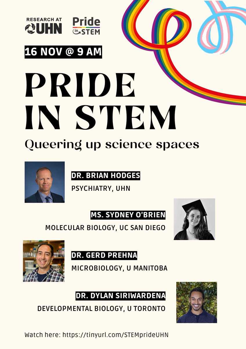 Join us for @UHN’s first annual Pride in STEM event in honour of the International Day of 2SLGBTQIA+ People in STEM. UHN's @BDHodges1 moderates a discussion on the life and research of 2SLGTBQIA+ STEM scientists #LGBTSTEMDAY 🗓️November 16 ⏰9:00 AM ET > tinyurl.com/STEMprideUHN