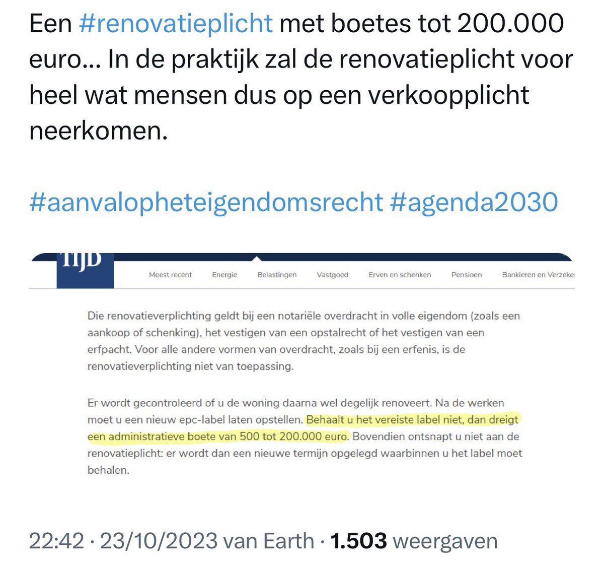Met Zuhal Demir als notoir WEF-vazal die zichzelf wegmoffelend achter EU excuses De Vlaamse renovatieplicht zal Vlamingen verarmen. In praktijk zal renovatieplicht (alleen in Vlaanderen ) voor veel mensen op VERKOOPplicht neerkomen .