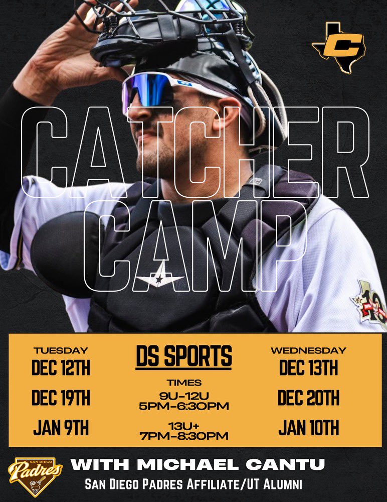Canes Southwest (@thecanessw) on Twitter photo CALLING ALL CATCHERS!
Spend some of the winter break improving your skill. We have 6๏ธโฃ camp opportunities with Padres AAA catcher and former @texasbaseball star <a href="/MichaelCantu_7/">Michael Cantu</a>.
๐ DS Sports
๐๏ธ 12/12, 12/13, 12/19, 12/20, 1/9, 1/10
โฐ 5-6:30 p.m. (9U-12U); 7-8:30 p.m. (13U+) CALLING ALL CATCHERS!
Spend some of the winter break improving your skill. We have 6๏ธโฃ camp opportunities with Padres AAA catcher and former @texasbaseball star <a href="/MichaelCantu_7/">Michael Cantu</a>.
๐ DS Sports
๐๏ธ 12/12, 12/13, 12/19, 12/20, 1/9, 1/10
โฐ 5-6:30 p.m. (9U-12U); 7-8:30 p.m. (13U+)