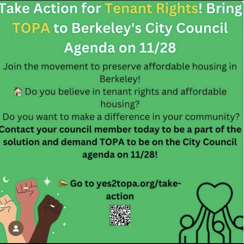 Yes2Topa's tweet photo. TAKE ACTION NOW!

Attend the committee meeting TODAY!, November 13 at 2:30pm either on zoom (https://t.co/HOqv1zB3gS ) or in person at City Hall at  2180 Milvia Street, 6th Floor to speak about why we need TOPA urgently. https://t.co/rWoOs1jZJM
