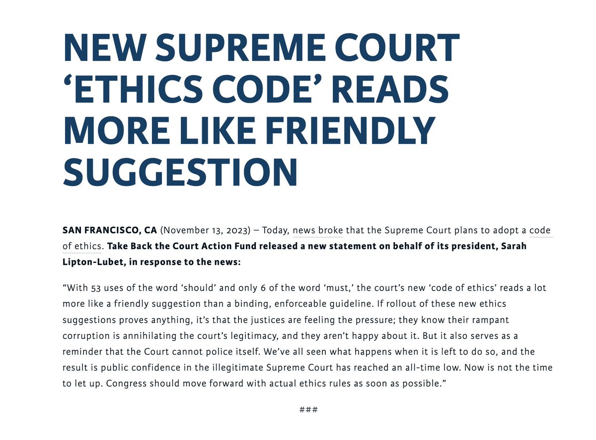 Now is not the time to let up. Congress should move forward with actual ethics rules as soon as possible. Our full statement: takebackthecourt.today/press-release-…