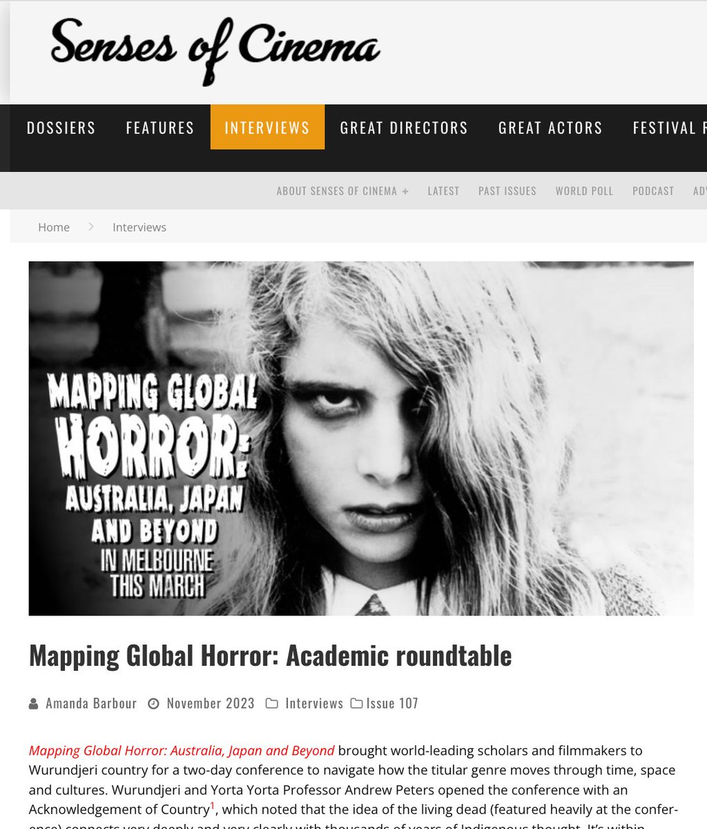 @SensesofCinema reports on last March's #MappingGlobalHorror conference at @ACMI with an academic roundtable on cross-cultural scares + a chat w/genre filmmakers. @alippit @batndal @StaceyAbbottRU @adamjdaniel @isabel_peppard @raphaelitequeen @nejames sensesofcinema.com/2023/interview…
