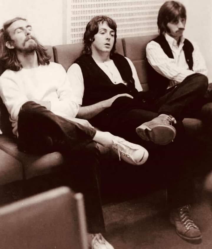 George Harrison, Paul McCartney &amp; Ringo Starr taking a break during the recording sessions for “Abbey Road “ 1969. Photo by Linda McCartney