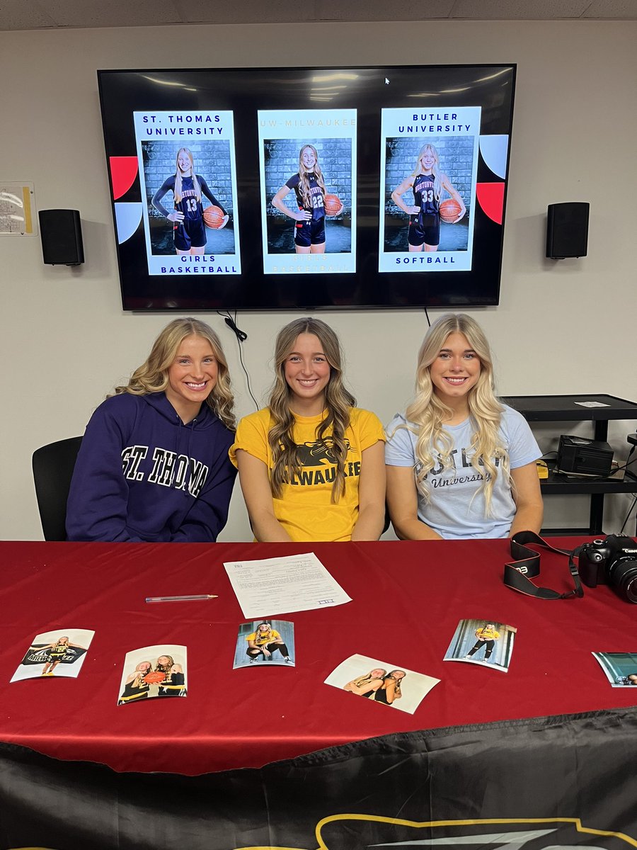 Congrats to these 3 ladies!!! 
Kayla signed to St. Thomas for basketball! 
Kallie signed to Milwaukee for basketball! 
Paige signed to Butler for softball! 
We are so proud of you ladies and can't wait to see what you accomplish at your schools!!! 🤍🤍