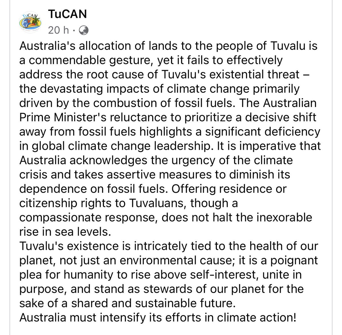 Tuvalu Climate Action Network speaks to the 🇦🇺-🇹🇻 Falepili Union Treaty making it clear that 🇦🇺 needs to first urgently phase out fossil fuels, end fossil fuel subsidies and move towards a just & equitable energy transition. That is how 🇦🇺 can help Tuvaluans—and the Pacific.