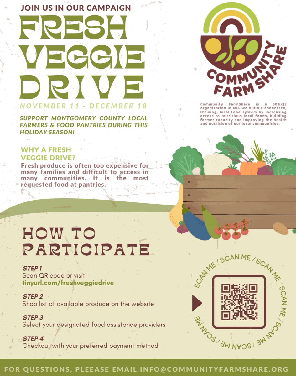LuciaZgr's tweet photo. Join Community Farmshare’s Fresh Veggie Drive to bring local fresh produce from farm to family this holiday season. Thanks to the support of 4 food assistance providers: @WUMCOHelp, @InterfaithWorks, Hughes United Methodist Church and @shepherds_table https://t.co/dfQwTpOmtX