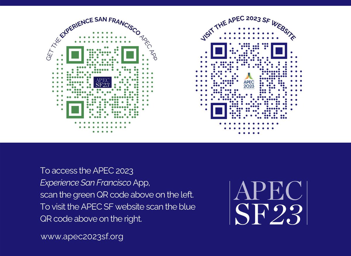 To stay in the loop, download the official APEC SF app and visit the website using the QR codes below!

#SanFrancisco #USAPEC2023 #APEC2023 #bayarea