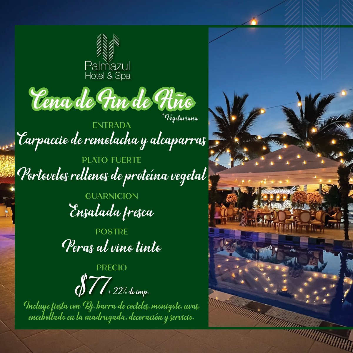 Palmazul's tweet photo. #Navidad y #FinDeAño se disfrutan frente al mar en #Palmazul #Hotel &amp; #Spa 🎉 Reserva la cena especial y vive momentos mágicos junto a tus seres queridos 💕 https://t.co/3XYc1hqrM5