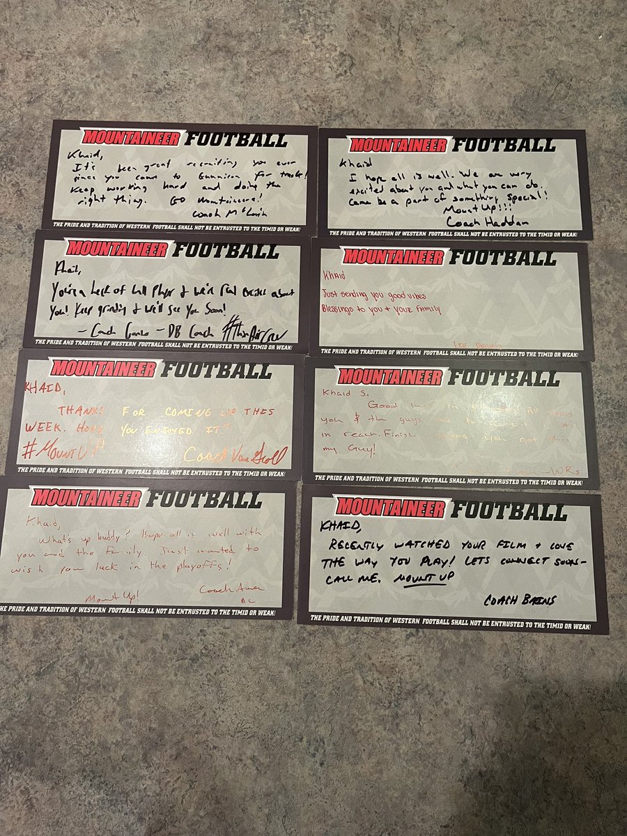 I want to thank the Western coaching staff for the hand written letters they have sent me. Good luck @MountaineerFB this weekend for your first playoff game. Mount up! @Coach_JNovotny @CoachDavisFFC @coachfett @joemclain13 @CoachJVG