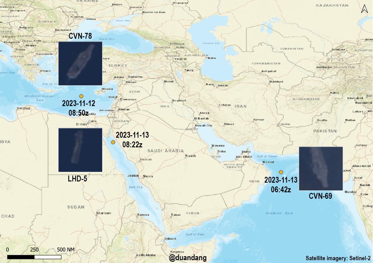 duandang's tweet photo. The most recent precise positions of US flattops in the Middle East, based on satellite imagery. https://t.co/9JwFXOfuH3
