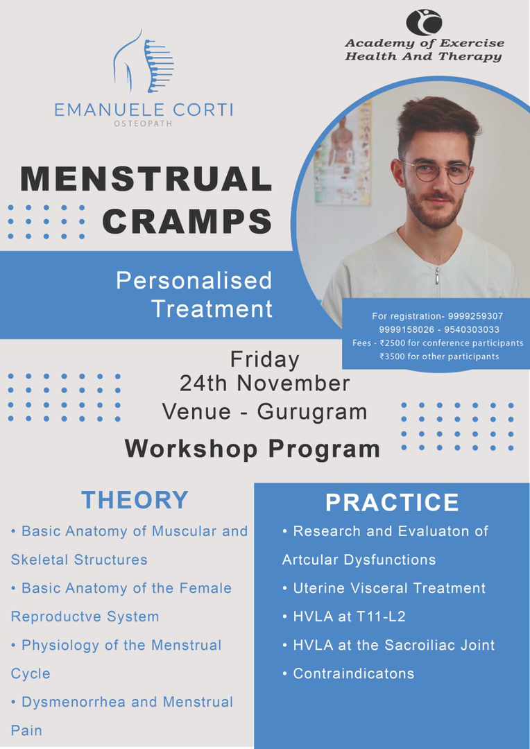 🩸 Join us for an informative workshop on MENSTRUAL CRAMPS with renowned speaker EMANUELE CORTI! 🗓️ Save the date - November 24th. Learn how to manage and alleviate discomfort during your period. Don't miss this opportunity for valuable insights! #MenstrualCamps #HealthWorkshop