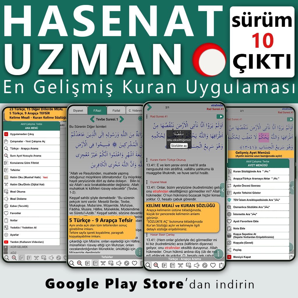 HasenatNet's tweet photo. HASENAT UZMAN ANDROID 10 sürümü çıktı.   
En Gelişmiş Kuran Uygulaması.   
Reklamsız, ücretsiz. Google Play Store'dan indirin. https://t.co/L0sY5TdPvB
21 Türkçe Meal, 5 Türkçe Tefsir, 9 Arapça Tefsir, Kuran Kelime Sözlüğü, Kuran Fihristi, Meal Dinleme, Hatim, Meal Okuma, Sure Ayet No'suyla Arama Yapabilme, Favori, Not Alabilme ve daha birçok özellik.