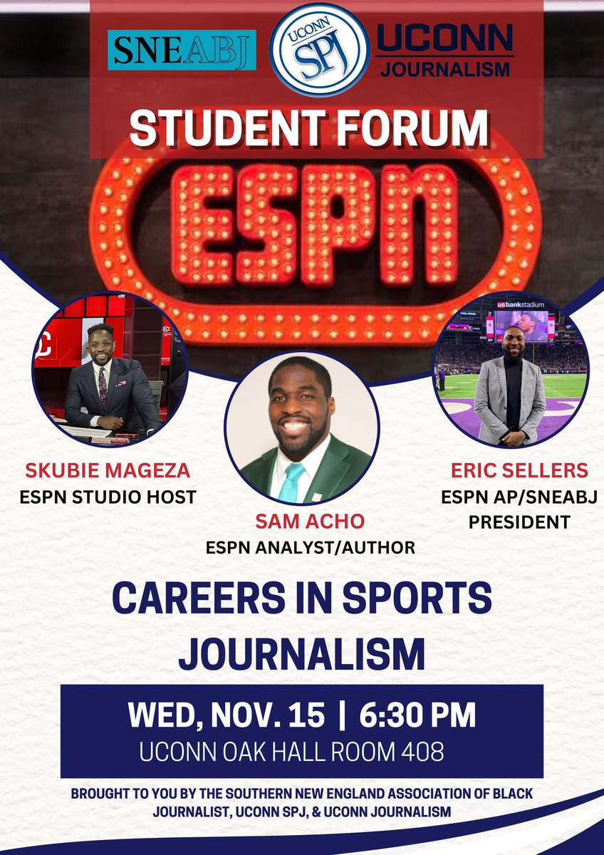 We are excited for a wonderful event this Wednesday in partnership with UConnSPJ &amp; <a href="/UConnJournalism/">UConn Journalism</a>! Please join us as our amazing panelists <a href="/ExclusivelyEBS/">E. Sellers</a> <a href="/TheSamAcho/">Sam Acho</a> &amp; <a href="/SkubieMageza/">Skubie Mageza</a> share their sage advice with students 

#SNEABJ #UConnSPJ #UConnJournalism #NABJ #SPJ