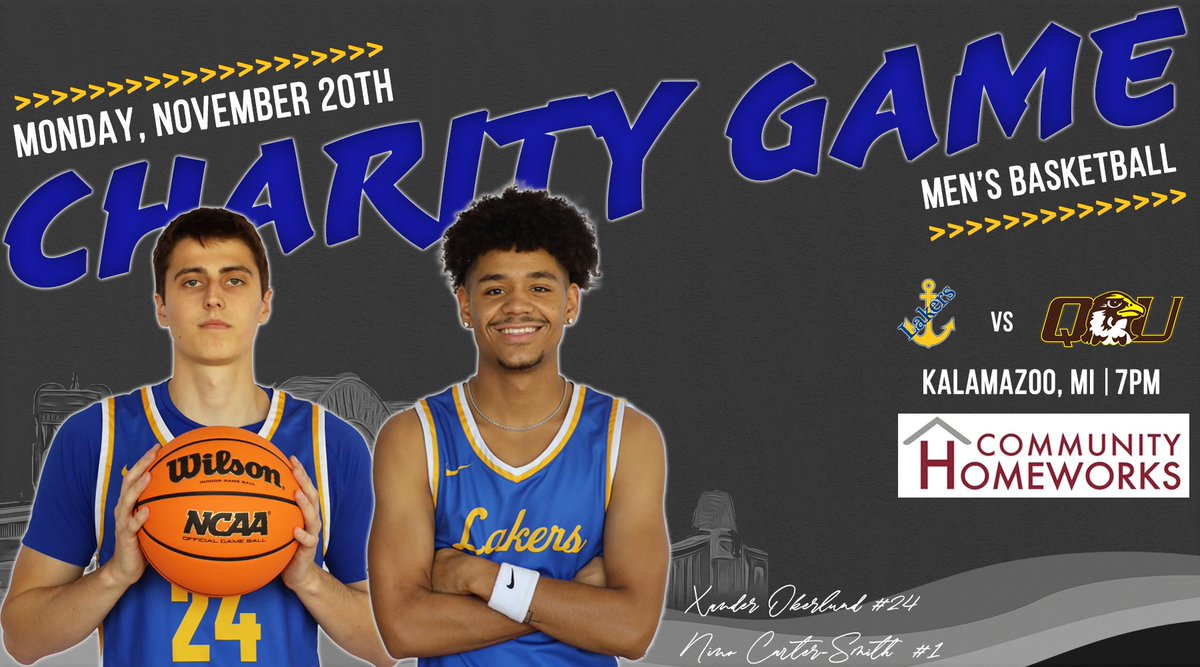 Come out and support the Lakers on Monday, Nov. 20 when they take on Quincy in a neutral site contest in Kalamazoo, MI! Donations from the game will help support the nonprofit organization Community Homeworks! Let's hoop for a great cause!