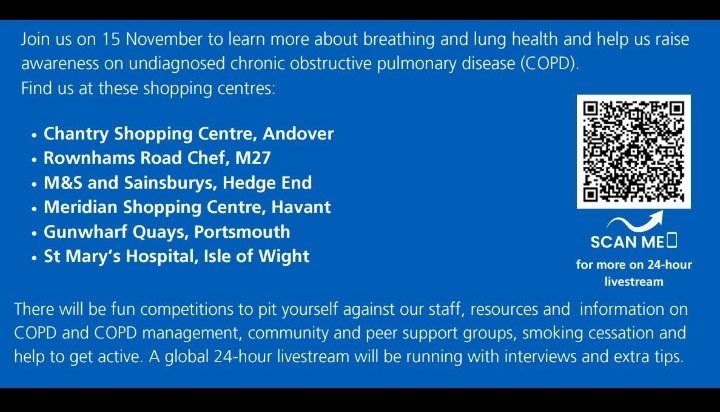 To those in HSIOW, show support for your colleagues who are playing major roles in a global awareness campaign #WorldCOPDDayBatonPass and attend or promote their lives sites to make them even more of a success @Southern_NHSFT @AnniePr7001534. See 🧵 below