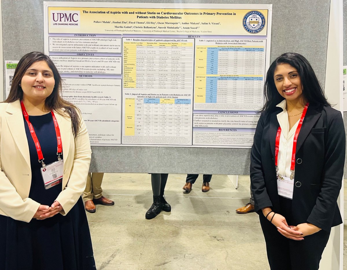 🔥 Incredible feat by Pallavi Muluk (MS3 @PittTweet )
 
Oct: Published on “Statin Use in Primary Prevention Diabetic Patients & associated #cvOutcomes” in @DiabetesCareADA !!

Nov: 2 abstracts taking on aspirin at #AHA23 ! 

Check out this paper 👇🏼 : tinyurl.com/4rtmf3fc