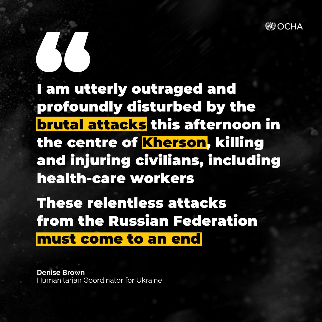 "Health facilities, health workers and civilians have special protection under international humanitarian law"

Humanitarian Coordinator Denise Brown condemned today's attacks in Kherson impacting civilians and civilian infrastructure, including a hospital-ukraine.un.org/en/252627-brut…