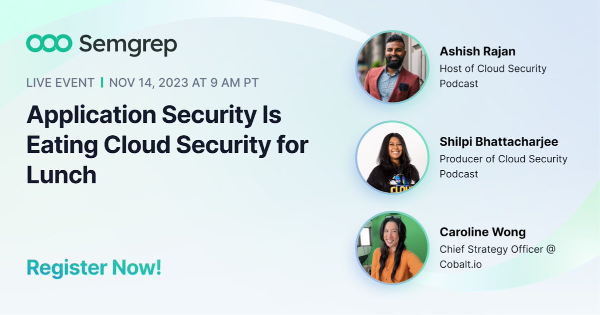 semgrep's tweet image. 🚀 TOMORROW join industry leaders Shilpi Bhattacharjee, @hashishrajan and @Carolinewong in a spirited panel discussion on the similarities and differences between #AppSec &amp;amp; #CloudSec. Tune in here: go.semgrep.dev/3Fy2sbd