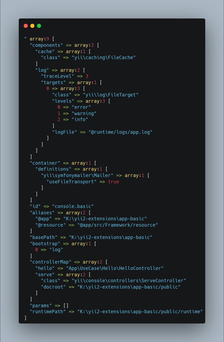 Terabytesoftw's tweet image. After completing these steps, simply calling $config->get('console') gives us our fully assembled configuration automatically. And if we want to make changes, we just modify the parameters.
Happy coding!
💻📷#CodingWithWilmer #PHP #YiiFramework #Yii2 #Yii3…