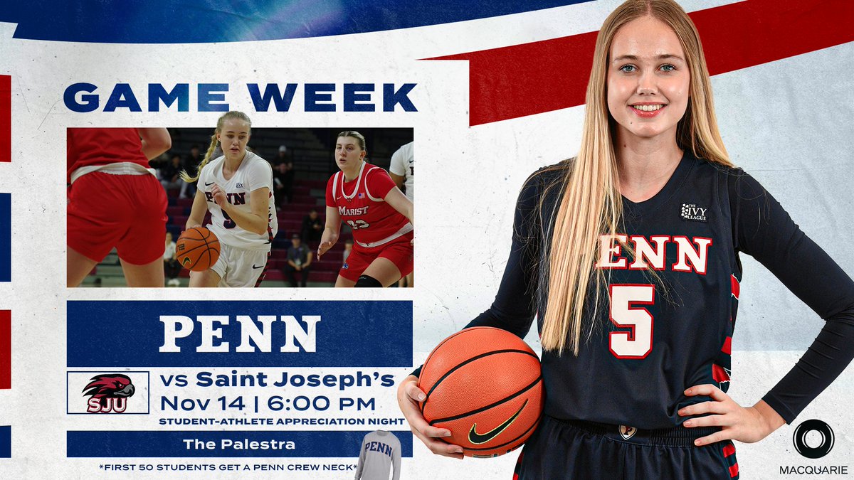 PennWBB's tweet photo. Opening #Big5 action tomorrow night in The Palestra against Saint Joseph's!
It's our Student-Athlete Appreciation Night, and the first 50 students will get a Penn crew neck!
📰https://t.co/p3q4jS6jkO
🎟️https://t.co/EfNOydQf87
#PackThePal x #FightOnPenn https://t.co/V1oXqngi2W