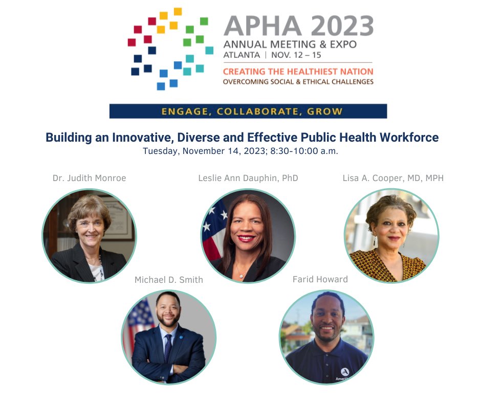 Looking forward to 'Building an Innovative, Diverse, and Effective Public Health Workforce,' at the @APHAAnnualMtg. @DrJudyMonroe moderates the panel with my esteemed colleagues @CDCgov  Leslie Ann Dauphin, Michael D. Smith @AmeriCorpsCEO, and @faridhoward bit.ly/40ABGZq