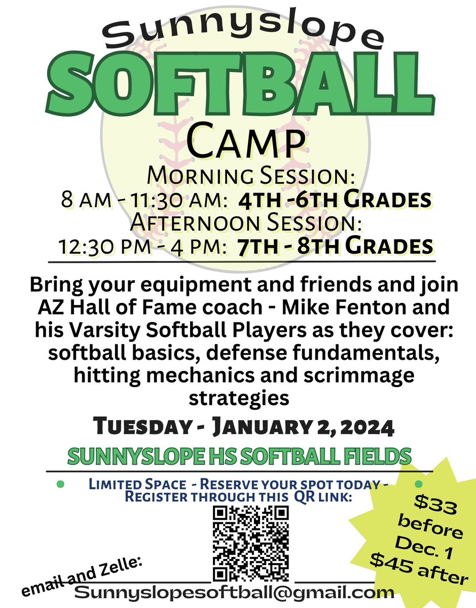 SlopeSoftball's tweet photo. SUNNYSLOPE SOFTBALL CAMP!
Tuesday, January 2, 2024
8:00am-11:30am: 4th-6th Grade
12:30pm-4:00pm: 7th-8th Grade
$33 per camper ($45 after Dec. 1) https://t.co/CiEltW9tl6