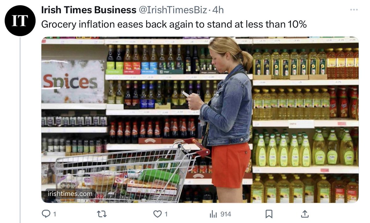 Grocery inflation “falls”, “slows” &amp; “eases” according to RTE, IT &amp; Examiner respectively.  All true but also misleading.  Maybe a better description would be something like “Grocery prices continues to rise but at a slower rate” #lceconomics