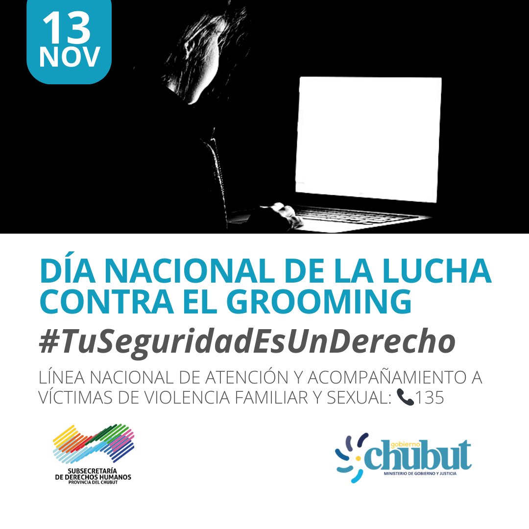 DDHHChubut's tweet photo. ▶️ DÍA NACIONAL DE LA LUCHA CONTRA EL #Grooming
Desde la Subsecretaría de #DDHH y la Direccion de Trata y Trafico de Personas, llamamos a la concientización en éste delito que afecta a un gran porcentaje de la sociedad argentina, sobretodo en casos de infancia y adolescencia. 
👇 https://t.co/RD1hpykEiJ