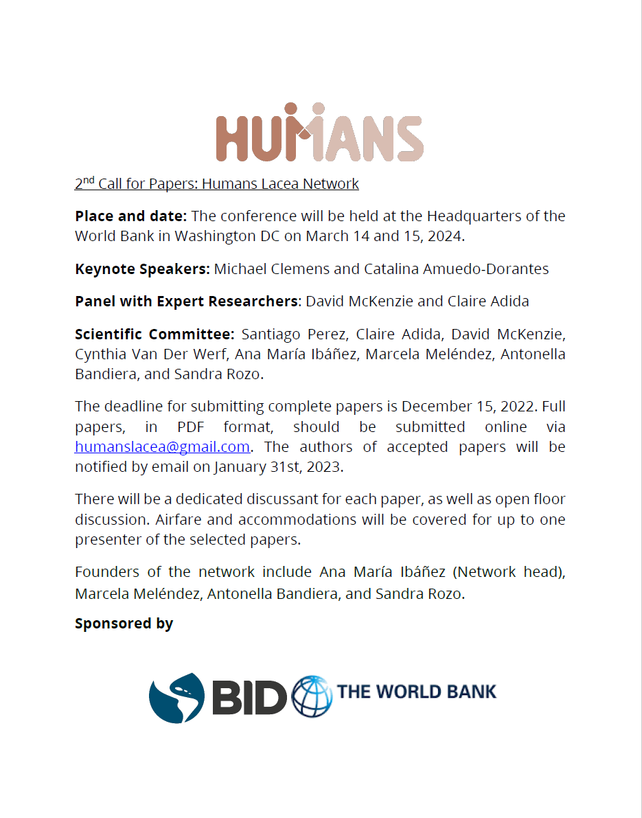 Researchers working on migration: send your paper to our 2nd meeting of HUMANS, <a href="/voxlacea/">Vox.LACEA</a>'s network on migration. Join #CatalinaAmuedo, @ClaireAdida, <a href="/m_clem/">Michael Clemens</a> and <a href="/dmckenzie001/">David McKenzie</a>.  This is a great opportunity to receive in depth comments on your research and expand your networks.