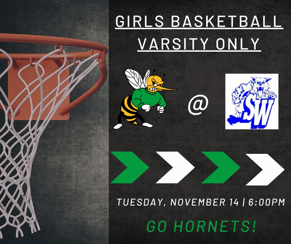 It's GAMEDAY for the Hornets!

🏀Girls Basketball @ Southwestern Wildcats🏀
📍Southwestern High School
🕕6:00pm

Go Hornets!