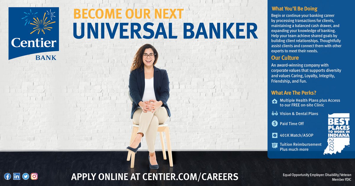 💰Start a rewarding career in community banking today by applying for a Universal Banker role at #CentierBank! Our award-winning workplace offers competitive benefits, a second-to-none culture, and opportunities for growth! Apply today at centier.com/careers