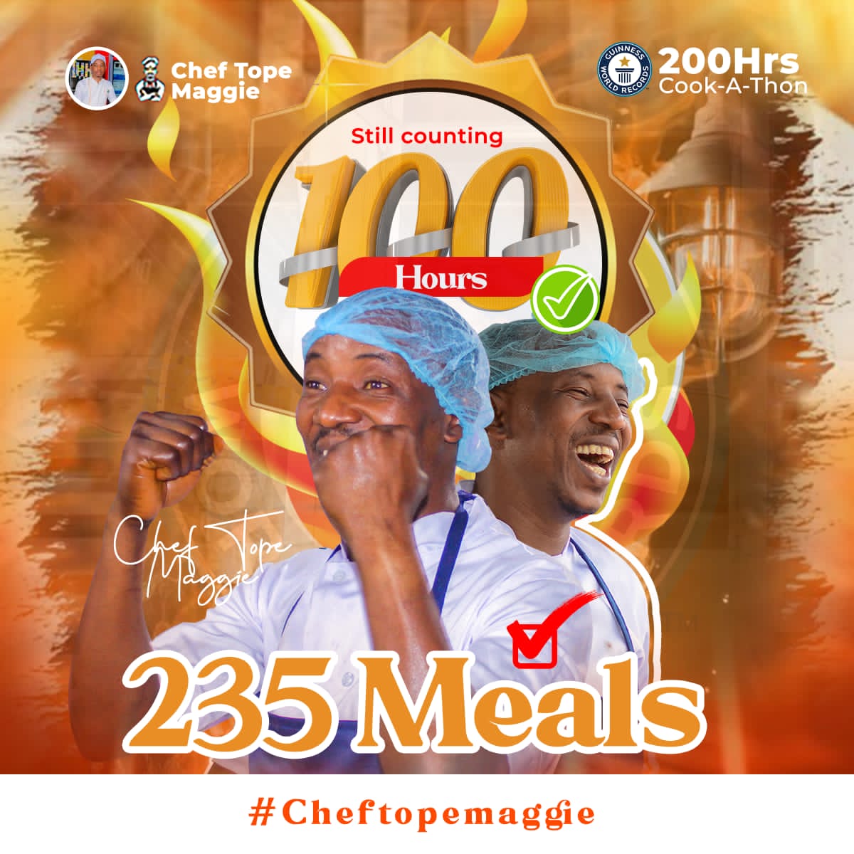 100 hours of cooking !!! 100hours more to go! Chef Tope Maggie is going strong! 
#bringbackourworldrecord
#ChefTopeMaggie 

Deborah NLC and TUC Mr Ibu 100 Naira Rest in Peace Buhari